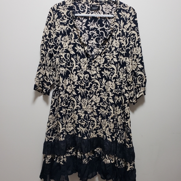 Papillon Bohemian Floral Blue Tan Dress Layered Lace Trim at Bottom Women's S-M - Picture 1 of 8